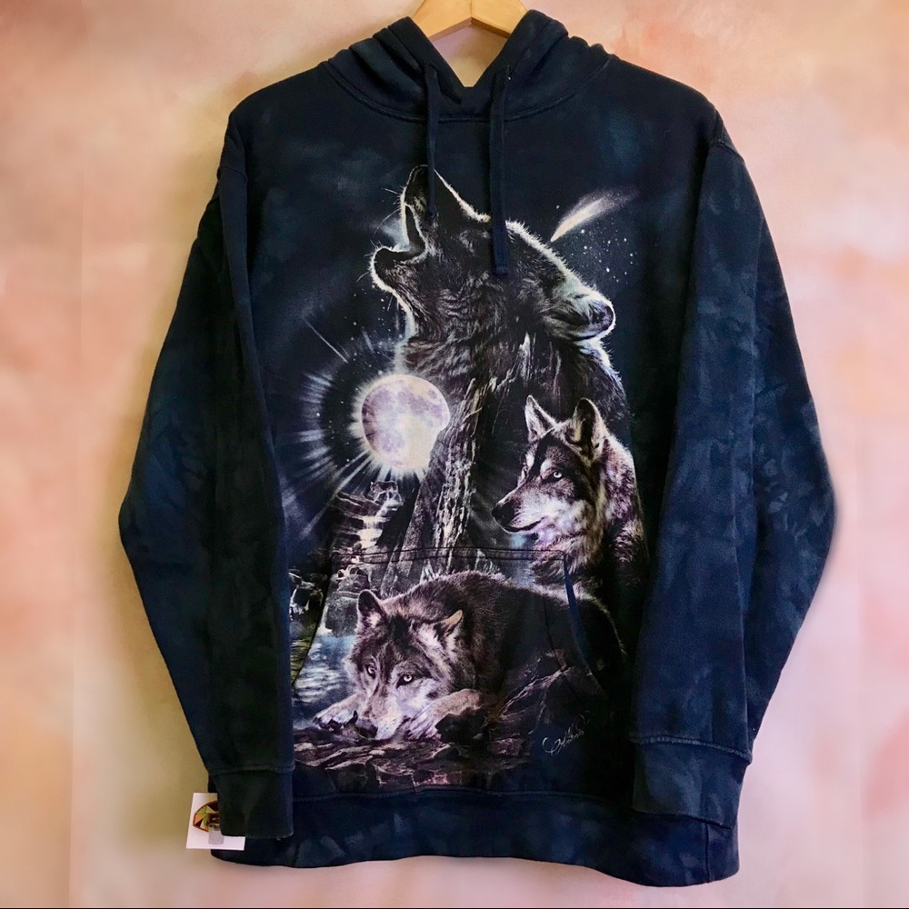 Y2K Vintage Navy Tie-Dye Wolf print pullover hoody
